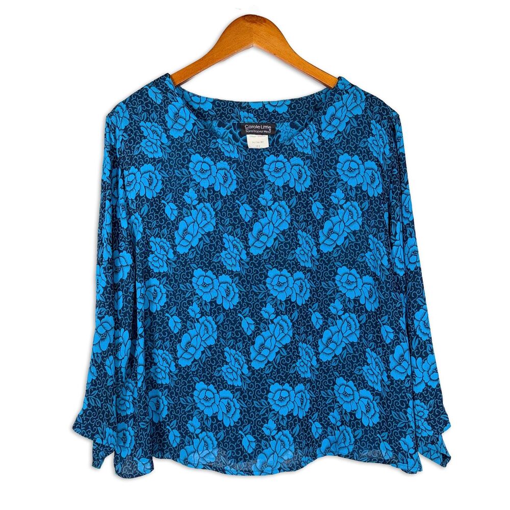 Vintage Carole Little Floral Blouse Blue Navy Rayon 90s Boho Artsy Size 12